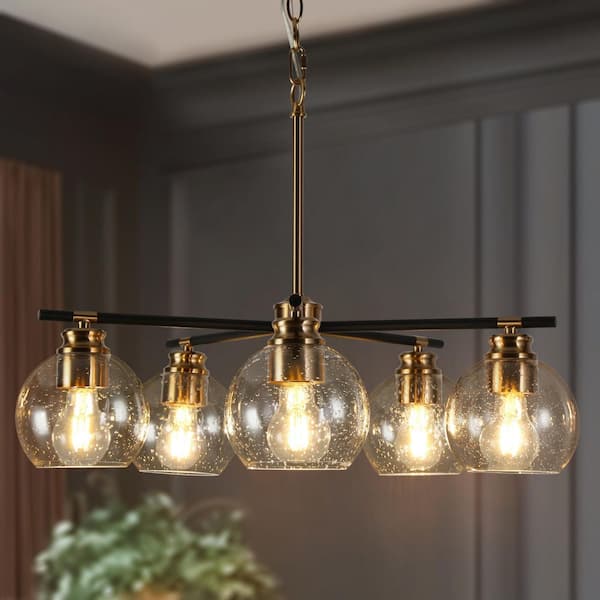 Brass Gold 23 in. 5-Light Modern Farmhouse Pendant, Seeded Glass and Matte Black Finish, Dining Room Vintage Chandelier