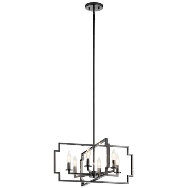 KICHLER Downtown Deco 21 in. 6-Light Midnight Chrome Contemporary Candle Cage Convertible Chandelier for Foyer