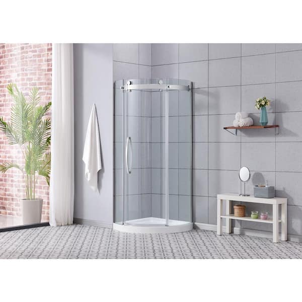 OVE Decors Breeze Lux 36 in. L x 36 in. W x 75.51 in. H Corner Shower Kit with Sliding Frameless Door in Chrome and Shower Pan