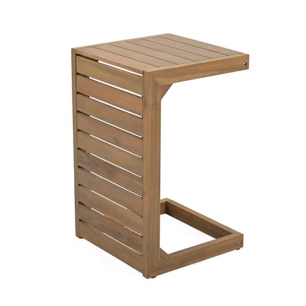 Acacia Wood C-Shape Outdoor Side Table, Brown Slatted C End Table