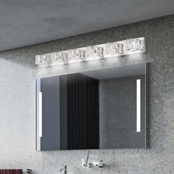 40.9 in. 6-Light Modern Chrome Vanity Light with Crystal Glass Shades and Built-in LED Lighting for Bedroom or Hallway