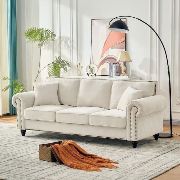 Mona 86.5 in. Rolled Arm Chenille Rectangle Sofa in. Beige with Wood Legs, Nailhead Trim, Pillows