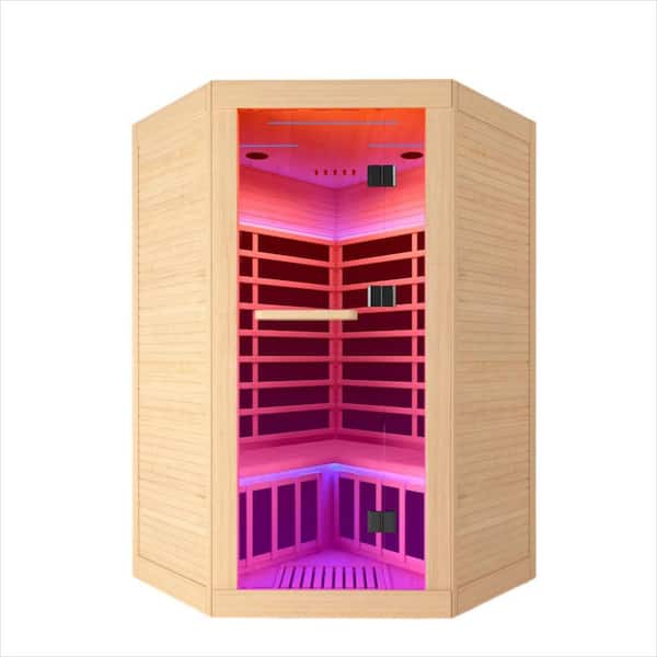2-Person Indoor Corner Infrared Sauna Room with Eastern Canadian Hemlock, Bluetooth Speakers, Colorful Lighting