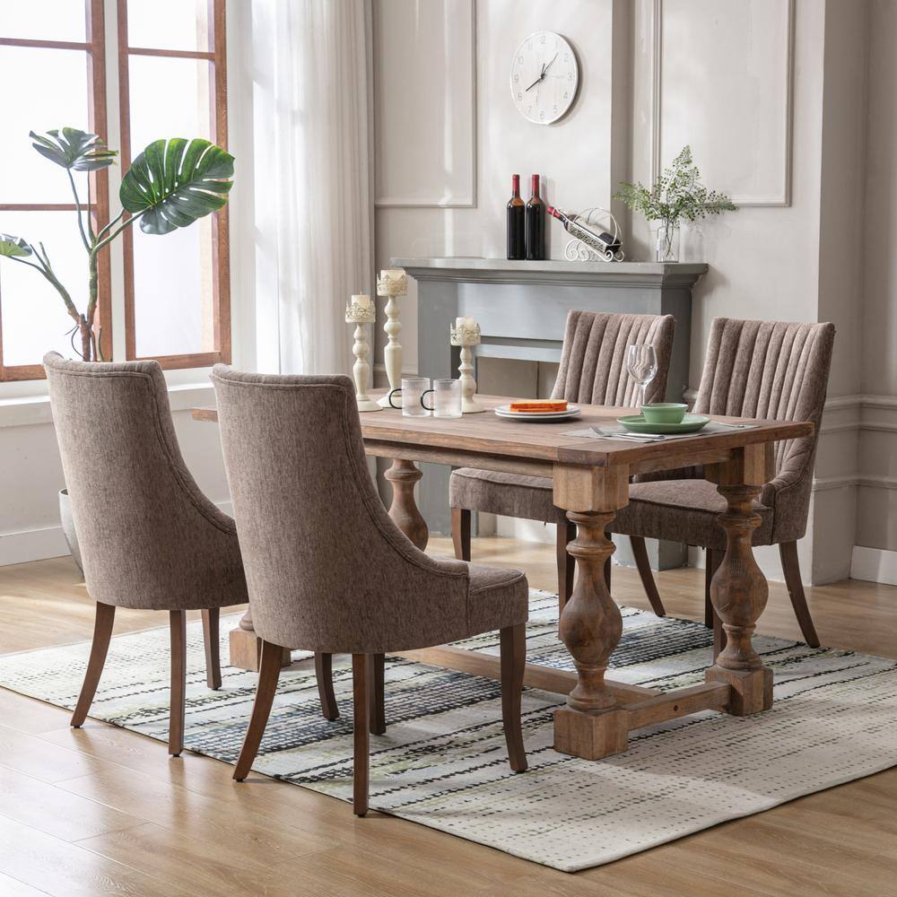 Brown Linen High Back Upholstered Dining Chairs with Wood Legs