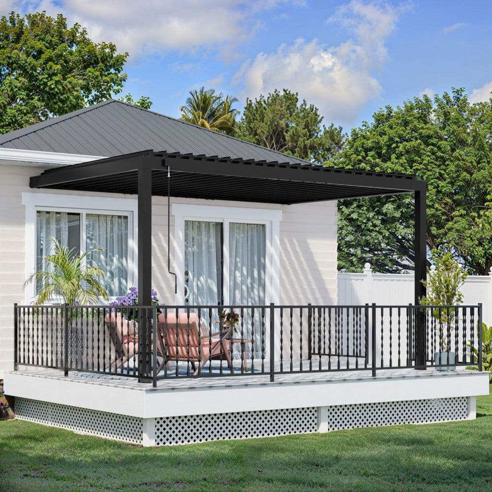 Evanston 14 ft. x 10 ft. Black Galvanized Steel Wall-Mounted Louvered Pergola Kit with Adjustable Roof and PowerPort price history on PriceWatchPro
