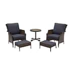 Grayson 5-Piece Brown Wicker Outdoor Patio Small Space Chat Seating Set with CushionGuard Midnight Navy Blue Cushions