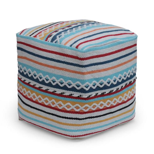 Noble House Rawson White, Red, and Multi-Blue Peruvian Print Cube Pouf