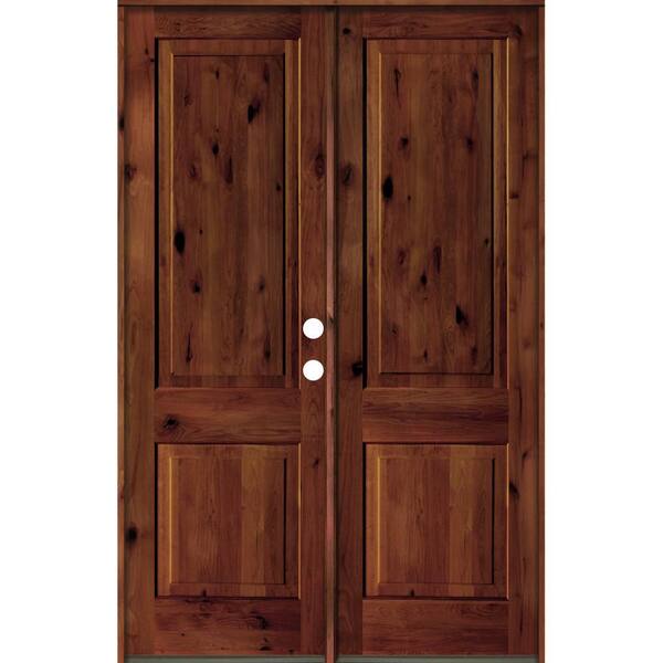 Krosswood Doors 60 in. x 96 in. Rustic Knotty Alder 2-Panel Square Top Red Chestnut Stain Left-Hand Wood Double Prehung Front Door