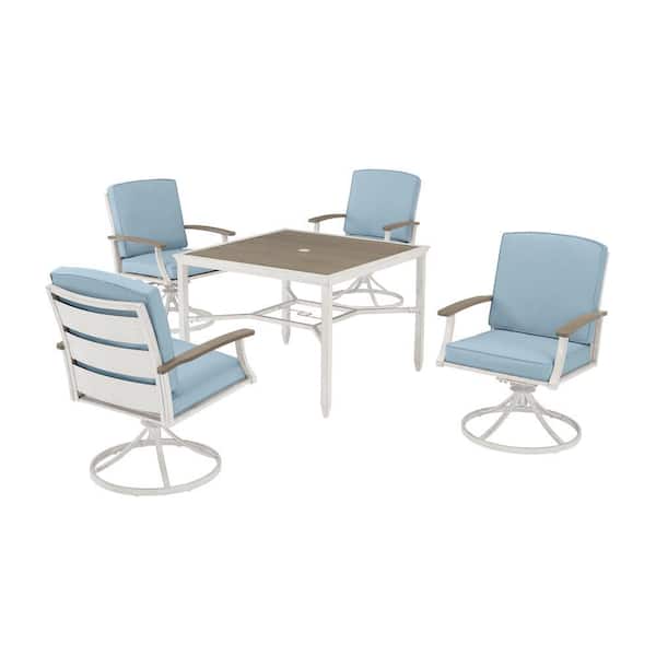 Hampton Bay Marina Point 5-Piece Metal Square Polywood Table Top Outdoor Dining Set with CushionGuard Surf Blue Cushions