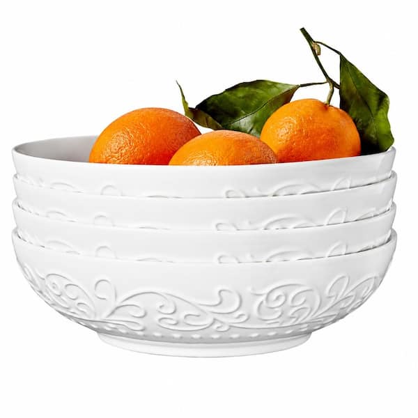 35 fl. oz. White Embossed Ceramic 8 Inch Wide Shallow Salad Pasta and Soup Serving Bowl Set (Set of 4)
