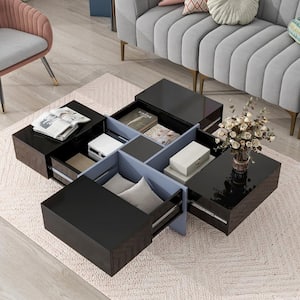 31.5 in. Black Square Wood Coffee Table with 4 Hidden Storage Compartments, Extendable Sliding UV High-Gloss Tabletop