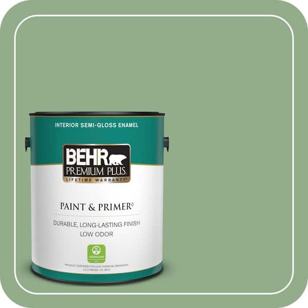 BEHR PREMIUM PLUS 1 gal. #MQ6-46 Flora Green Semi-Gloss Enamel Low Odor Interior Paint & Primer
