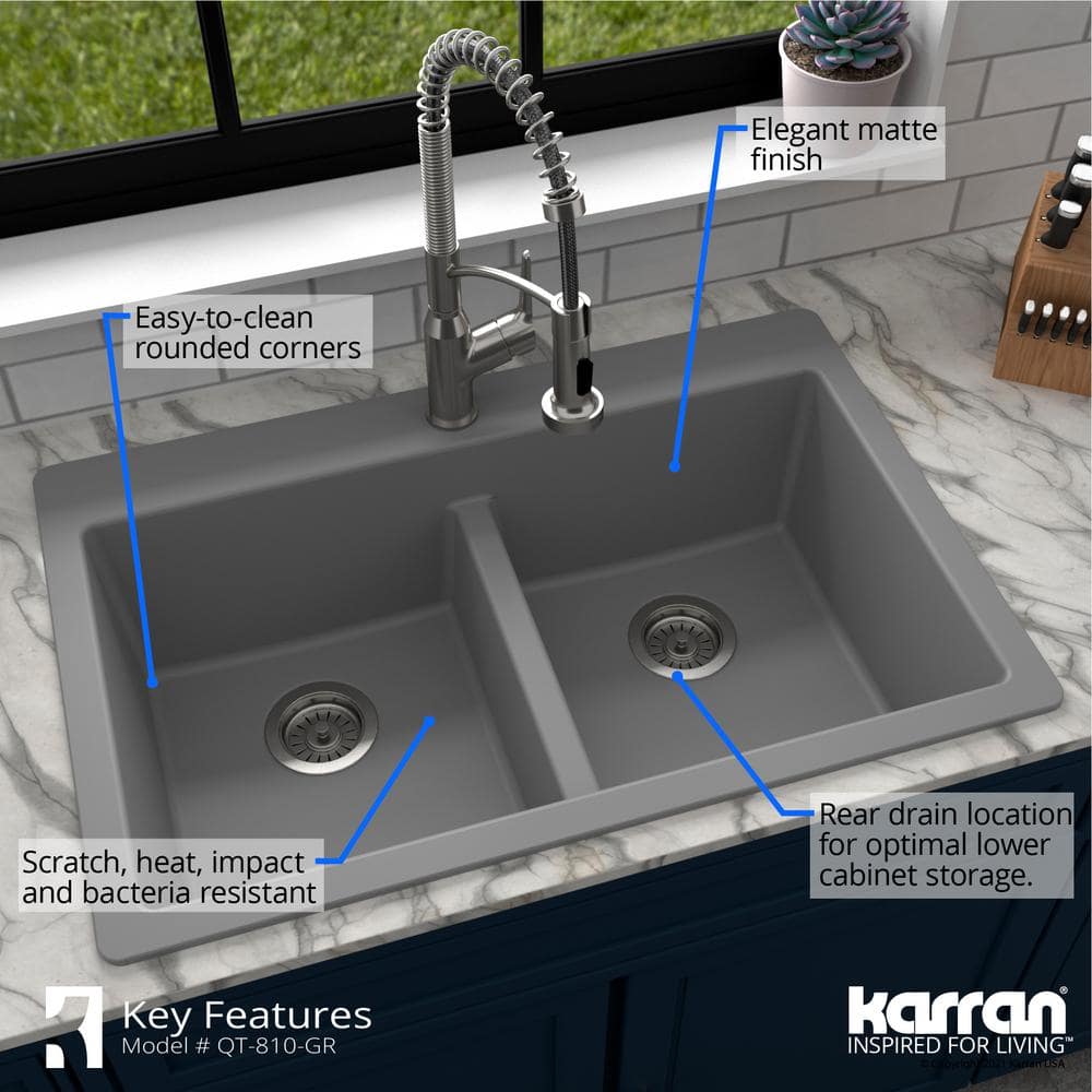 Gray Quartz 33'' Double Bowl Drop-In Kitchen Sink