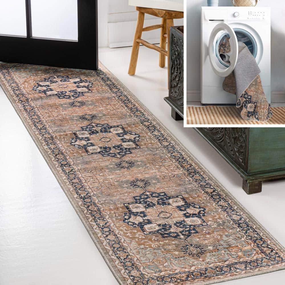 JONATHAN Y Maris Ornate Medallion Machine-Washable Beige/Blue 2 ft. x 8 ft.  Runner Rug WSH109D-28 - The Home Depot