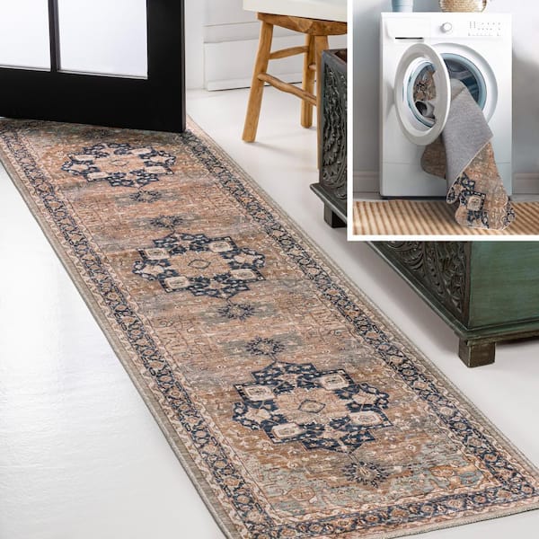 Maris Ornate Medallion Machine-Washable Beige/Blue 2 ft. x 8 ft. Runner Rug