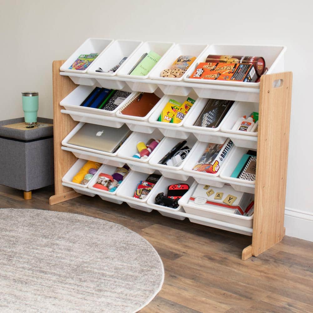 Natural Steel Rod Floor-Standing Storage Organizer with White Plastic Bins