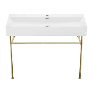 Claire 40 in. Ceramic White Console Sink Basin Gold Legs