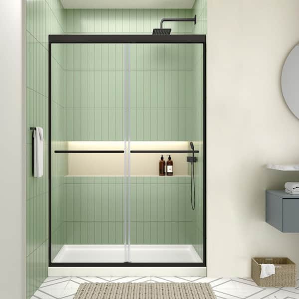 Semi-Frameless Double Sliding Glass Shower Door 44-48 in. W x 70 in. H 1/4 in. 6mm Walk in Shower Towel Bars Matte Black