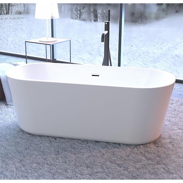 60 in. x 29.5 in. Acrylic Rectangular Soaking Freestanding Bathtub with Center Drain in White