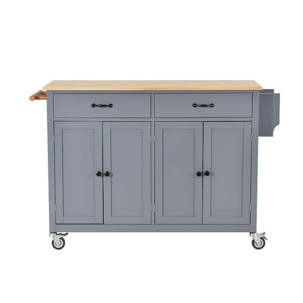 HwoamneT 54.3 in. W Gray Kitchen Island Cart with Solid Wood Top Locking Wheels 4-Door Cabinet, 2-Drawers, Spice Rack, Towel Rack