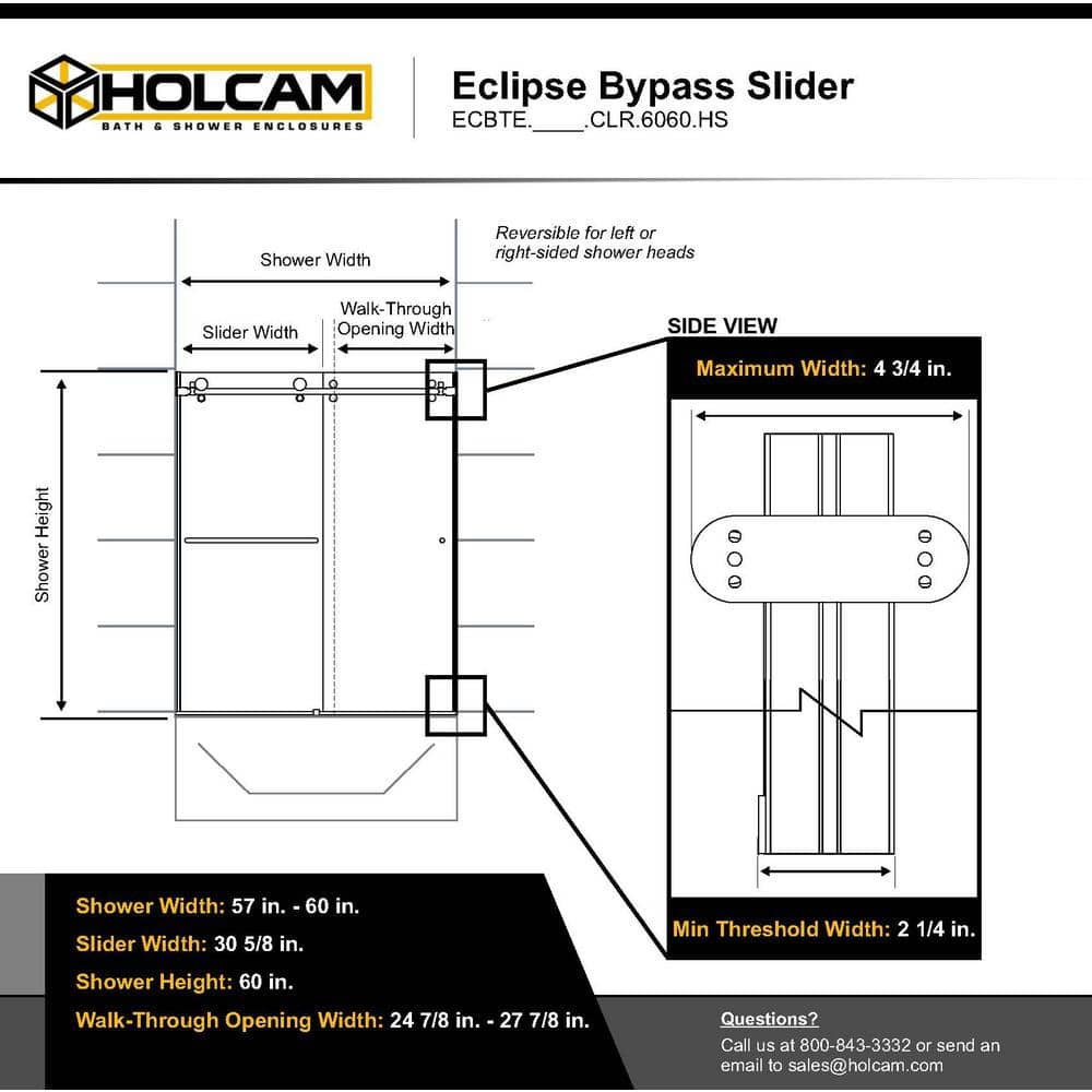 Eclipse 60" Frameless Brushed Nickel Sliding Tub Door with Clear Glass