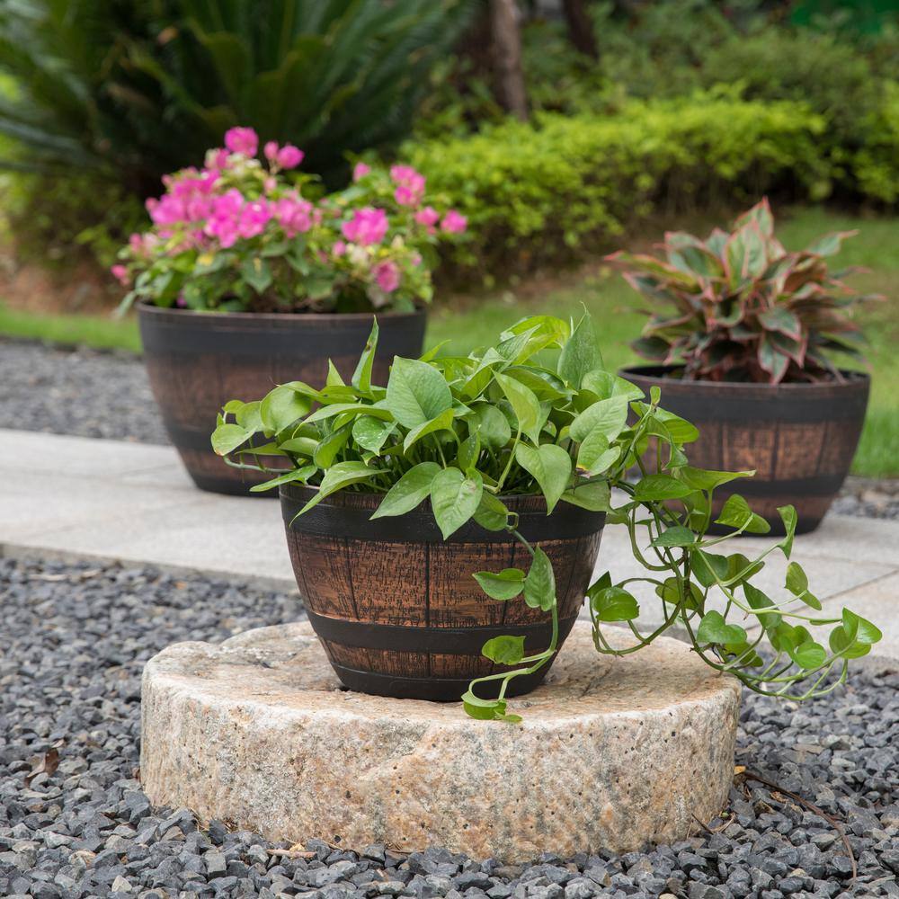 Small Brown Rustic Plastic Half Barrel Planter Bowl