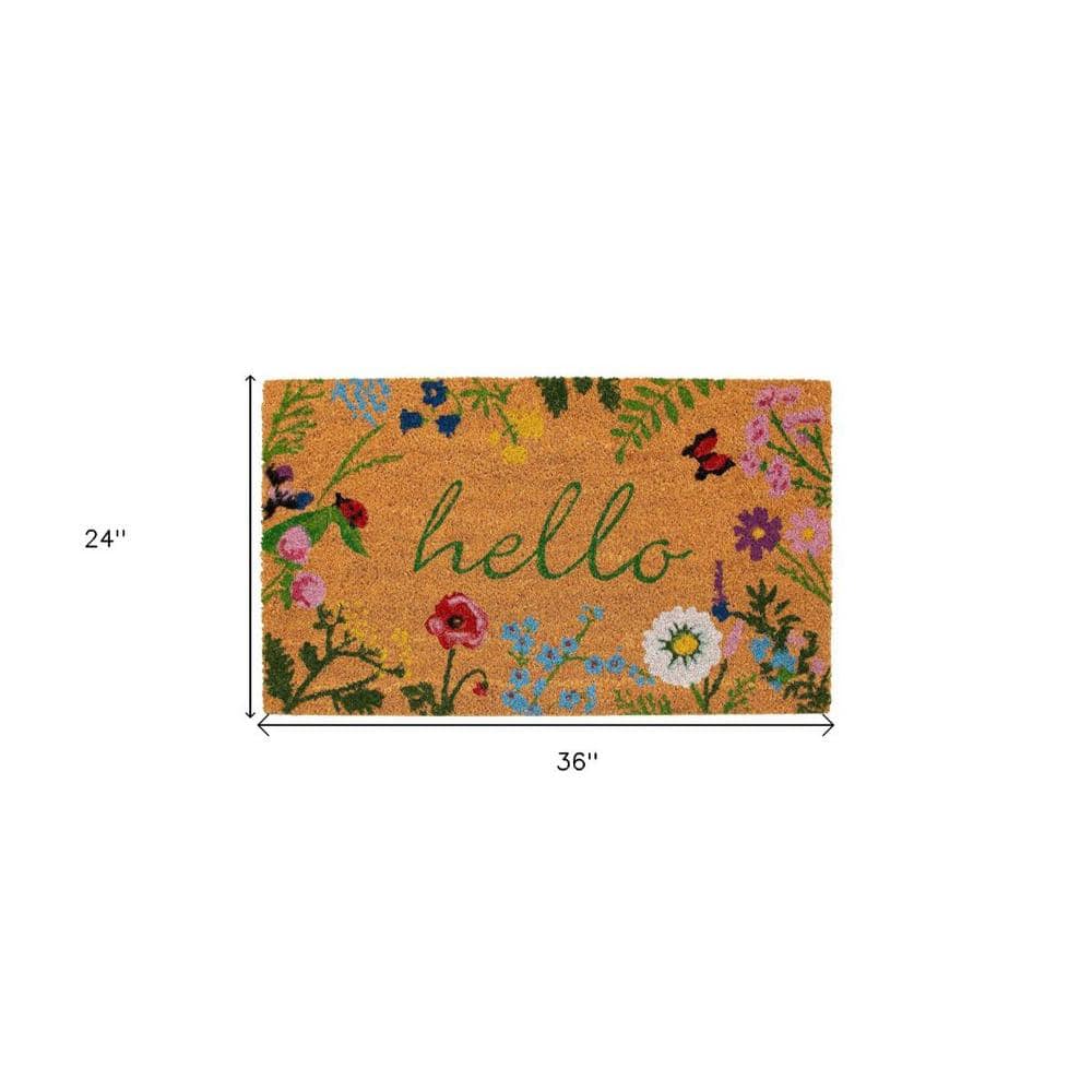 Floral Hello Coir Rectangular Outdoor Doormat, 24" x 36"