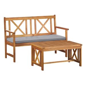 Manchester 2-Piece Acacia Wood Patio Conversation Set with Double Seat Bench with Cushions and Coffee Table
