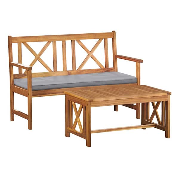 Pure Garden Manchester 2-Piece Acacia Wood Patio Conversation Set with Double Seat Bench with Cushions and Coffee Table