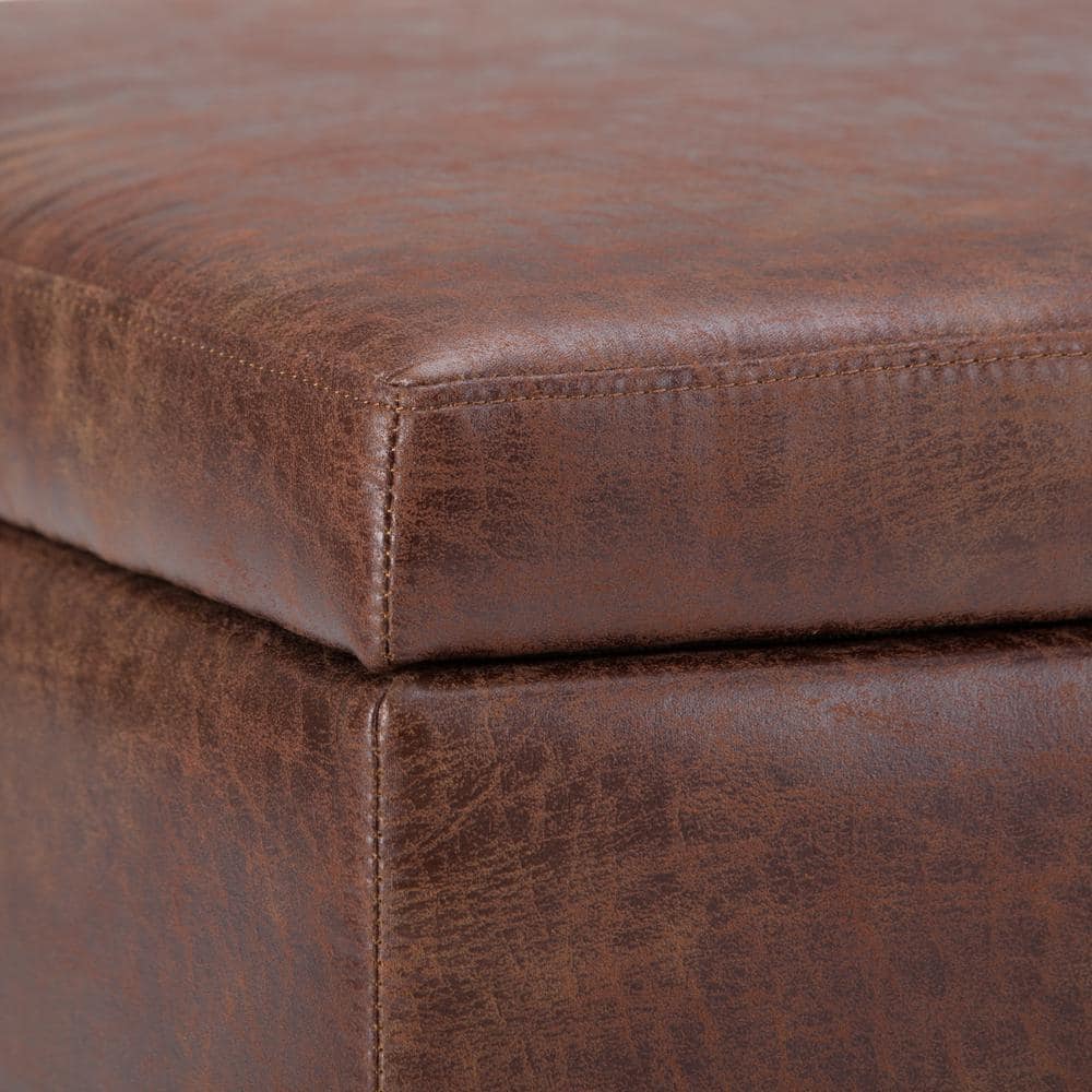 Distressed Saddle Brown Wood Storage Ottoman with Hydraulic Lift