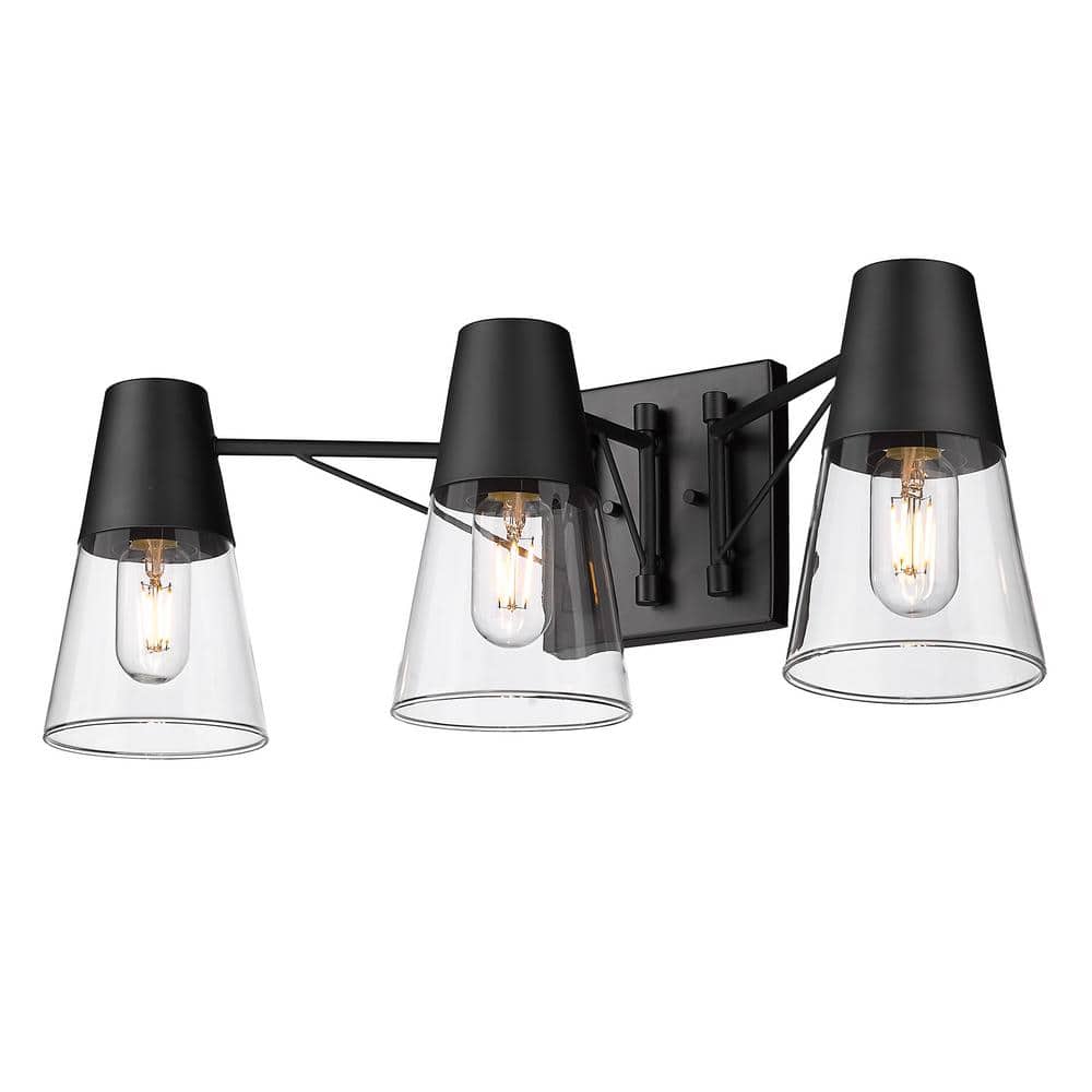 Matte Black and Clear Glass 3-Light Dimmable Vanity Fixture