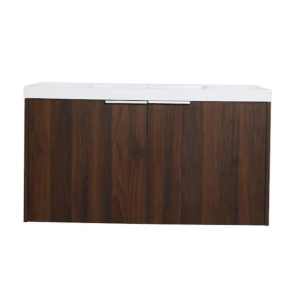 35.4 in. W x 18.1 in. D x 19.3 in. H Wall-Mounted Bath Vanity in Brown with White Resin Vanity Top