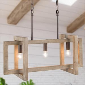 Farmhouse Rustic Bronze Wood Cage Island Chandelier 3-Light Brown Modern Industrial Rectangular Hanging Light Fixture
