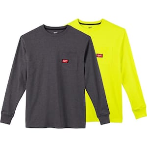 Men's Large Gray and High Visibility Heavy-Duty Cotton/Polyester Long-Sleeve Pocket T-Shirt (2-Pack)
