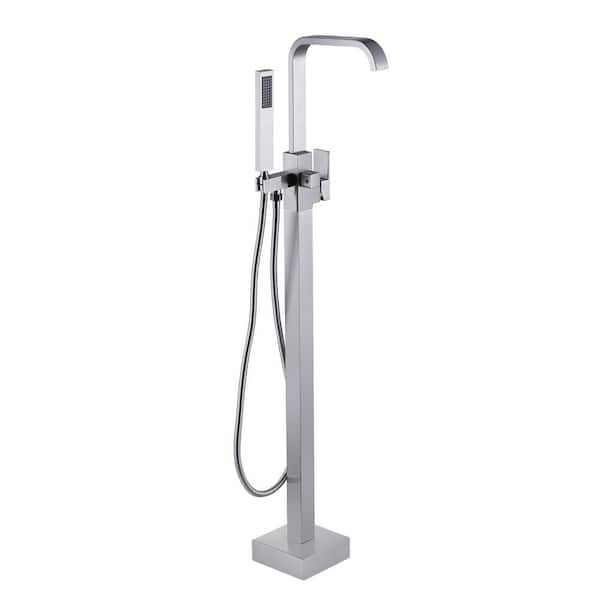 WOWOW Waterfall Single-Handle Freestanding Tub Faucet with Hand Shower,Brass Floor Mounted Tub Filler Faucet in Brushed Nickel