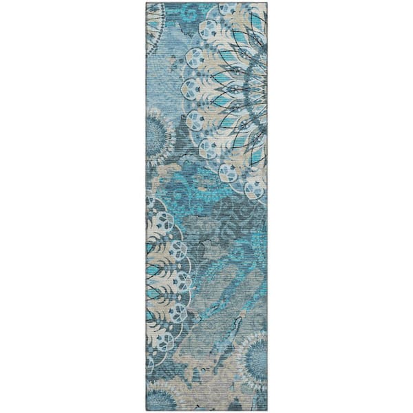 Mayfield Premium Machine Washable Abstract AMF2335 Teal 2 ft. x 7 ft. Runner Rug
