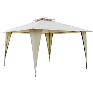 11 ft. x 11 ft. Beige Outdoor Canopy Tent Party Gazebo with Double-Tier Roof and Ground Stakes for Backyard Camping Area