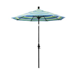7.5 ft. Matted Black Aluminum Market Patio Umbrella Fiberglass Ribs and Collar Tilt in Seville Seaside Sunbrella