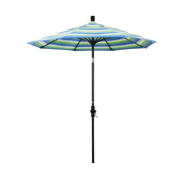 California Umbrella 7.5 ft. Matted Black Aluminum Market Patio Umbrella Fiberglass Ribs and Collar Tilt in Seville Seaside Sunbrella