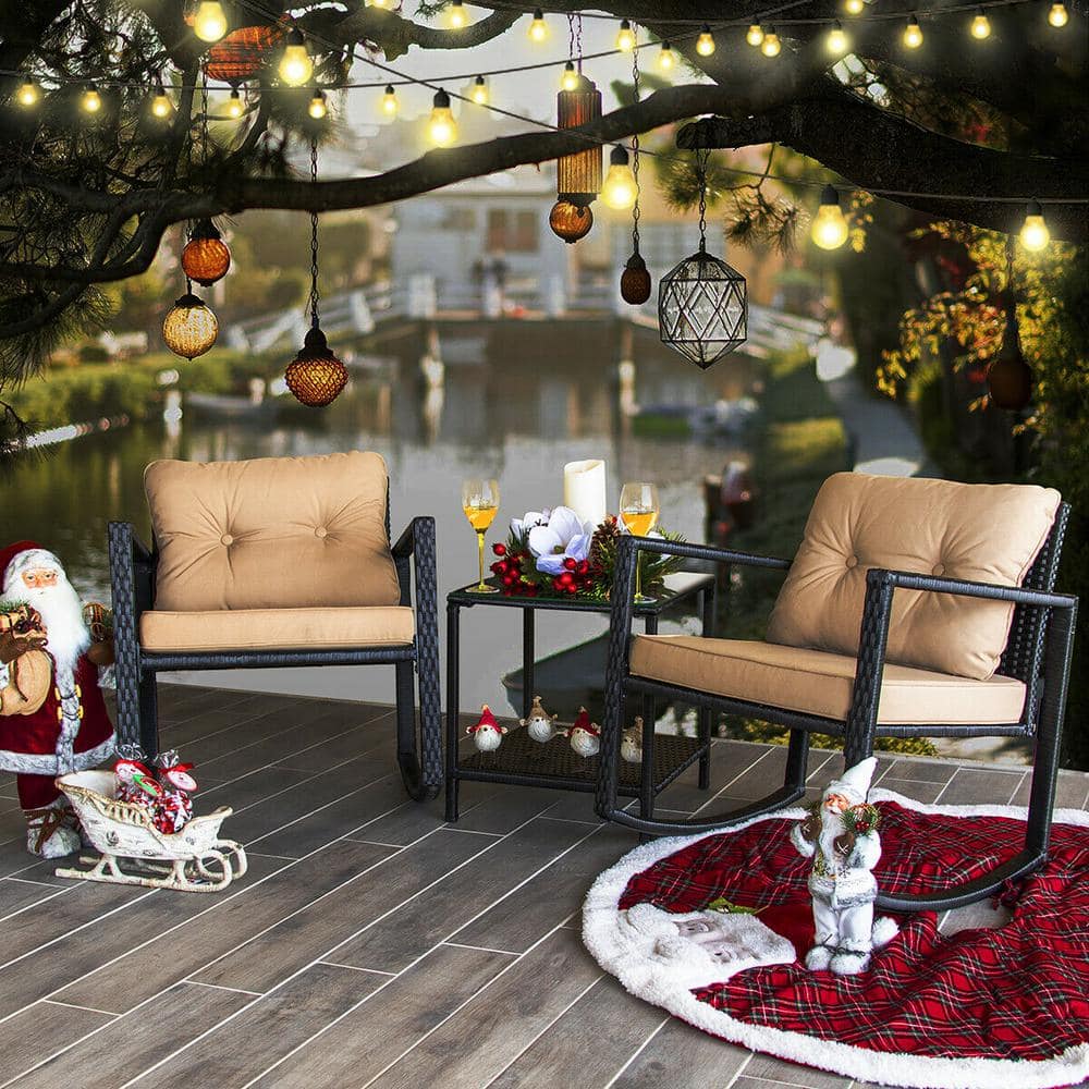 Black Steel and Beige Wicker Rocking Bistro Set with Glass Table