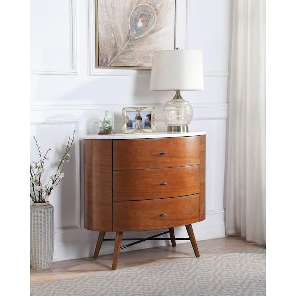 Aoibox 1-Piece Walnut Chest of Three Drawers with Marble Top Ball Bearing Glides Bedroom Furniture