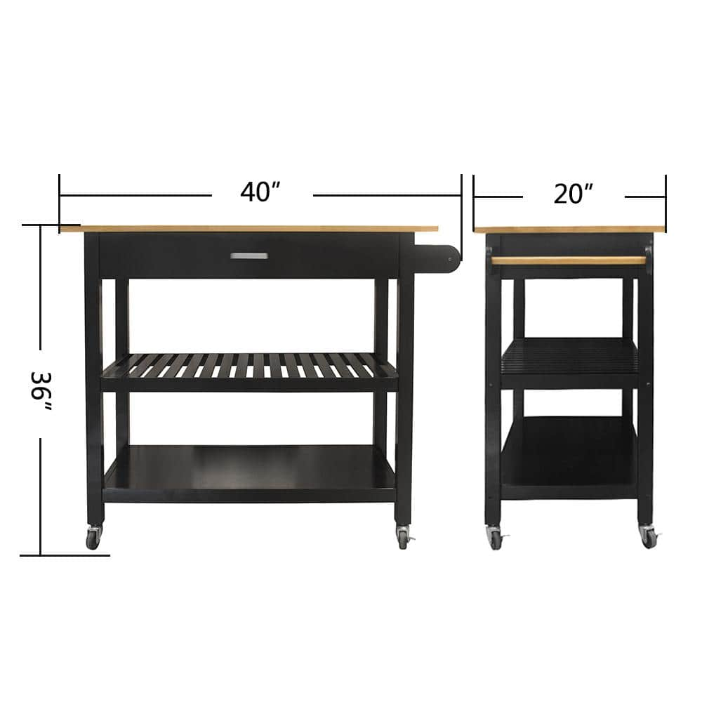 Tatahance Black Open Shelf Kitchen Cart with Butcher Block Top and