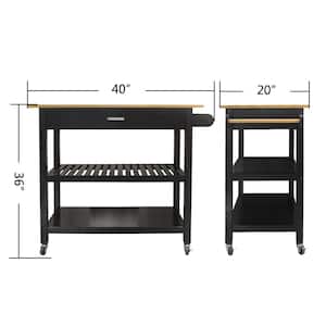 Black Open Shelf Kitchen Cart with Butcher Block Top and Drawer