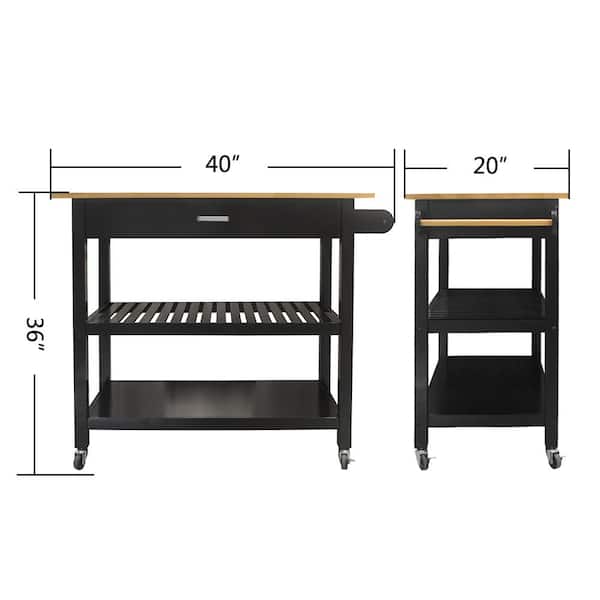 Tatahance Black Open Shelf Kitchen Cart with Butcher Block Top and Drawer