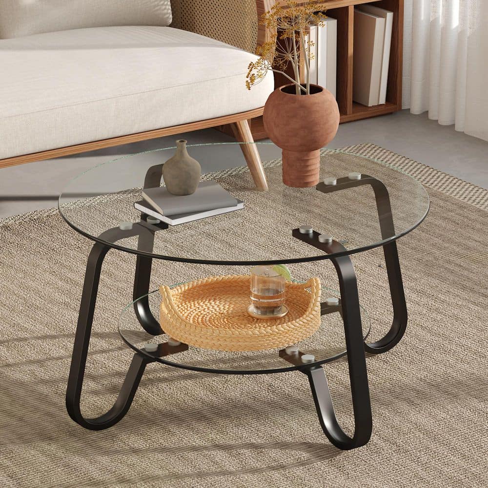 GOGEXX 31.5 in. Round Clear Tempered Glass Coffee Table-Double Storage  Space and Black Metal Legs for Living Room laf-3150-Black - The Home Depot, image size:1000x1000