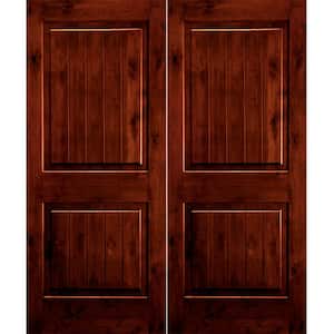 60 in. x 80 in. Rustic Knotty Alder Square Top Red Chestnut Stain/V-Groove Left-Hand Wood Double Prehung Front Door