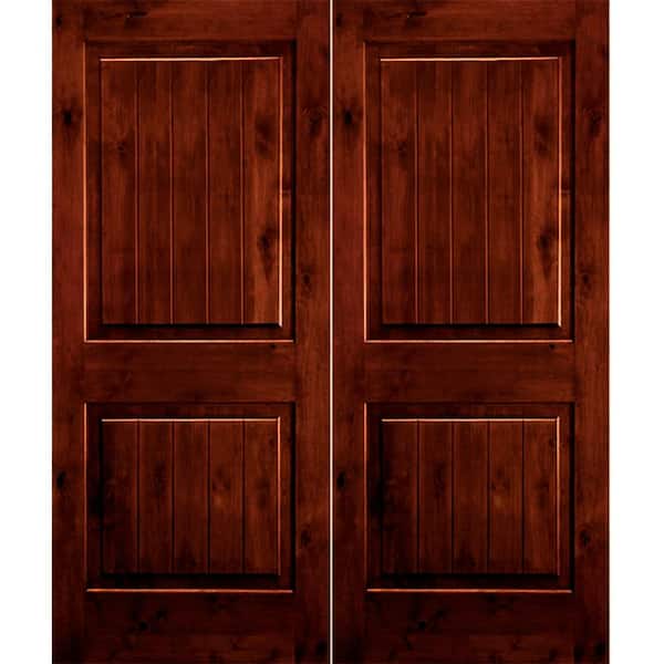 Krosswood Doors 72 in. x 80 in. Rustic Knotty Alder Square Top Red Chestnut Stain/V-Groove Left-Hand Wood Double Prehung Front Door