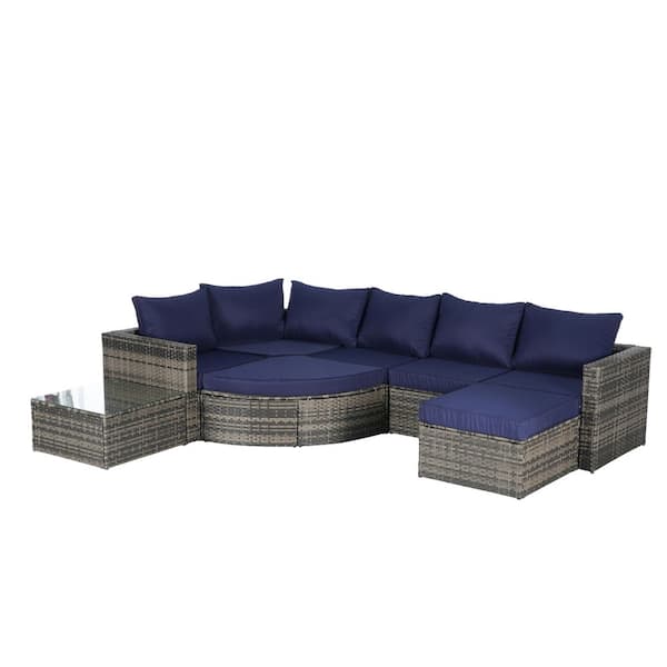 8-Piece Wicker Outdoor Sectional Set with Dark Blue Cushions, Curved Sofa Ottoman and Glass Top Table