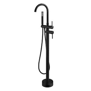 Floor Mount 2-Handle Freestanding Tub Faucet with Handheld Shower in Matte Black