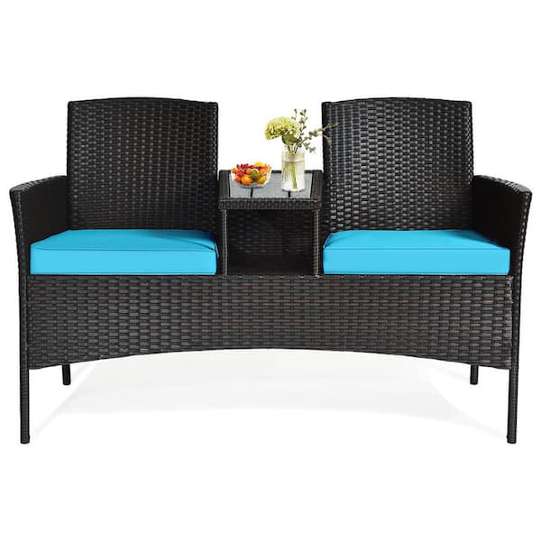 Gymax 3-Piece Rattan Wicker Patio Conversation Set with Loveseat Table and Turquoise Cushions